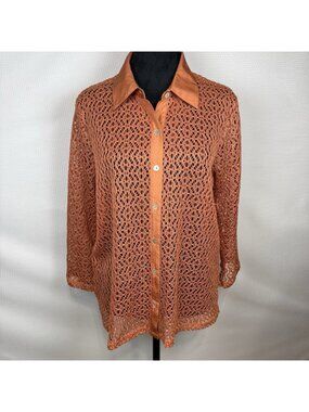 Vintage Norton McNaughton Crochet Lace Collared Blouse Orange/Rust Sz Medium